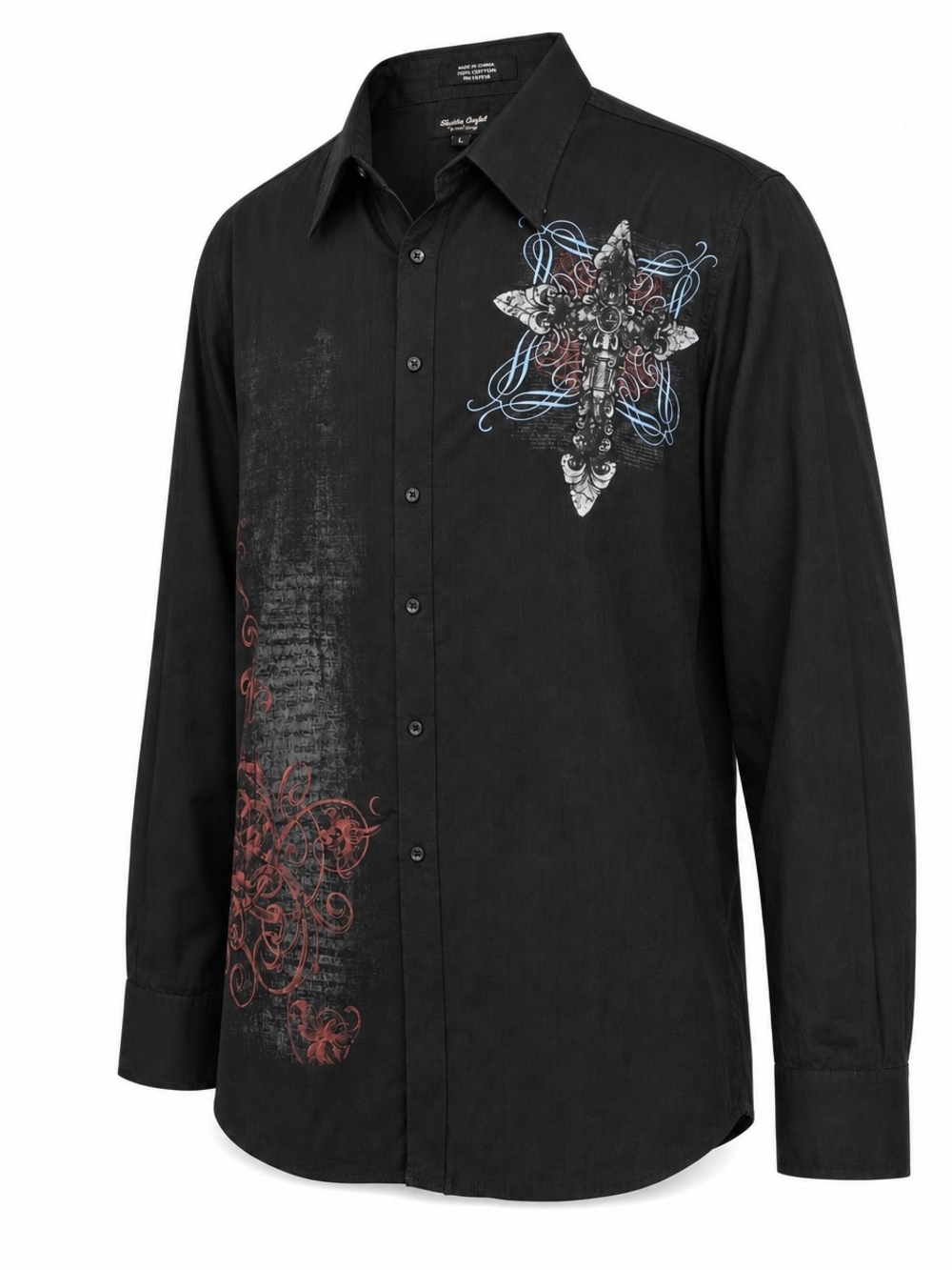 Eighty Eight Platinum Black Graphic Button Up Shirt Cross Floral Y2K Mens XL - Picture 2 of 4